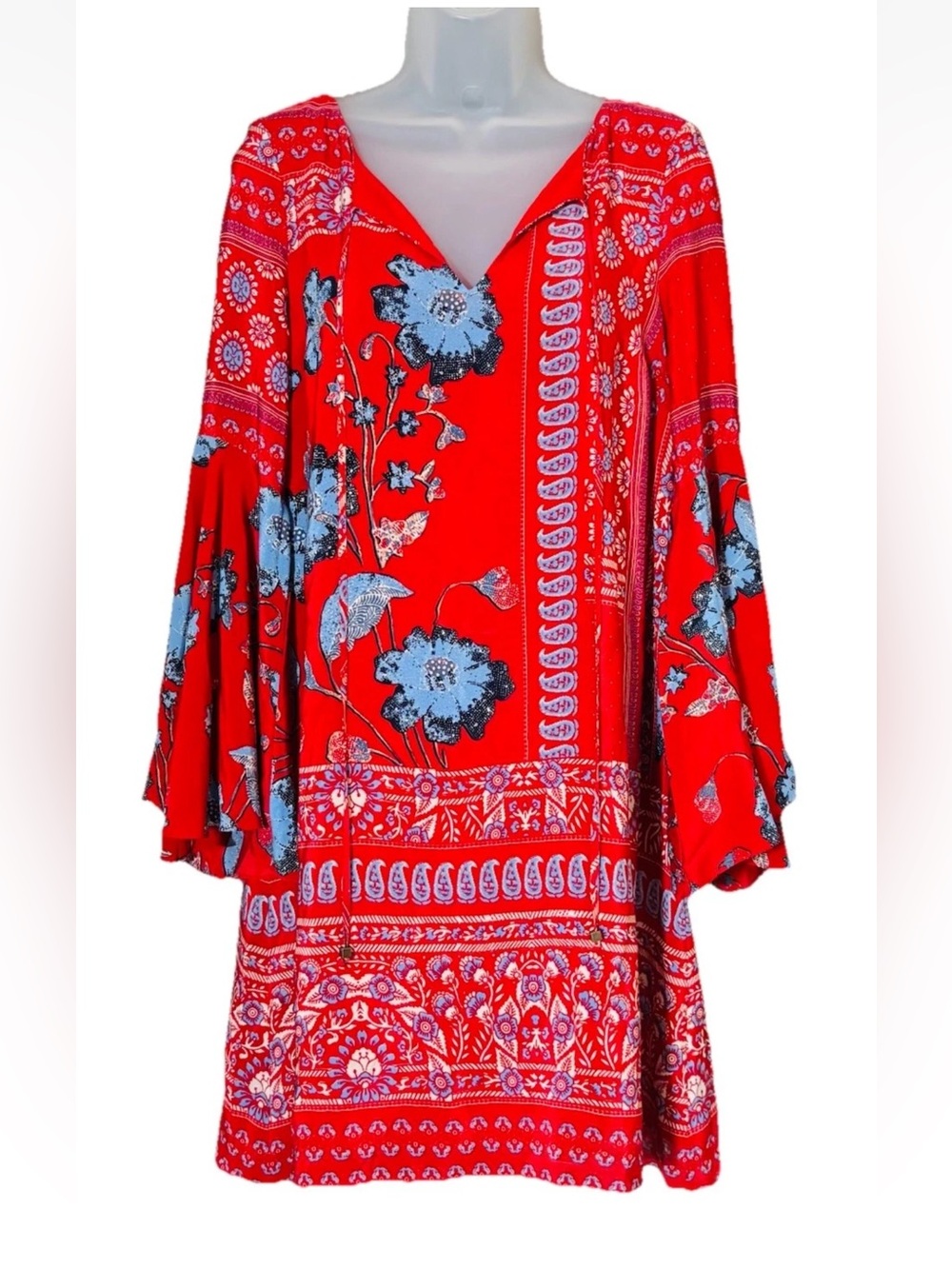 Anthropologie Vanessa Virginia Red Floral Bell Sleeve Silk Boho Dress Size 4